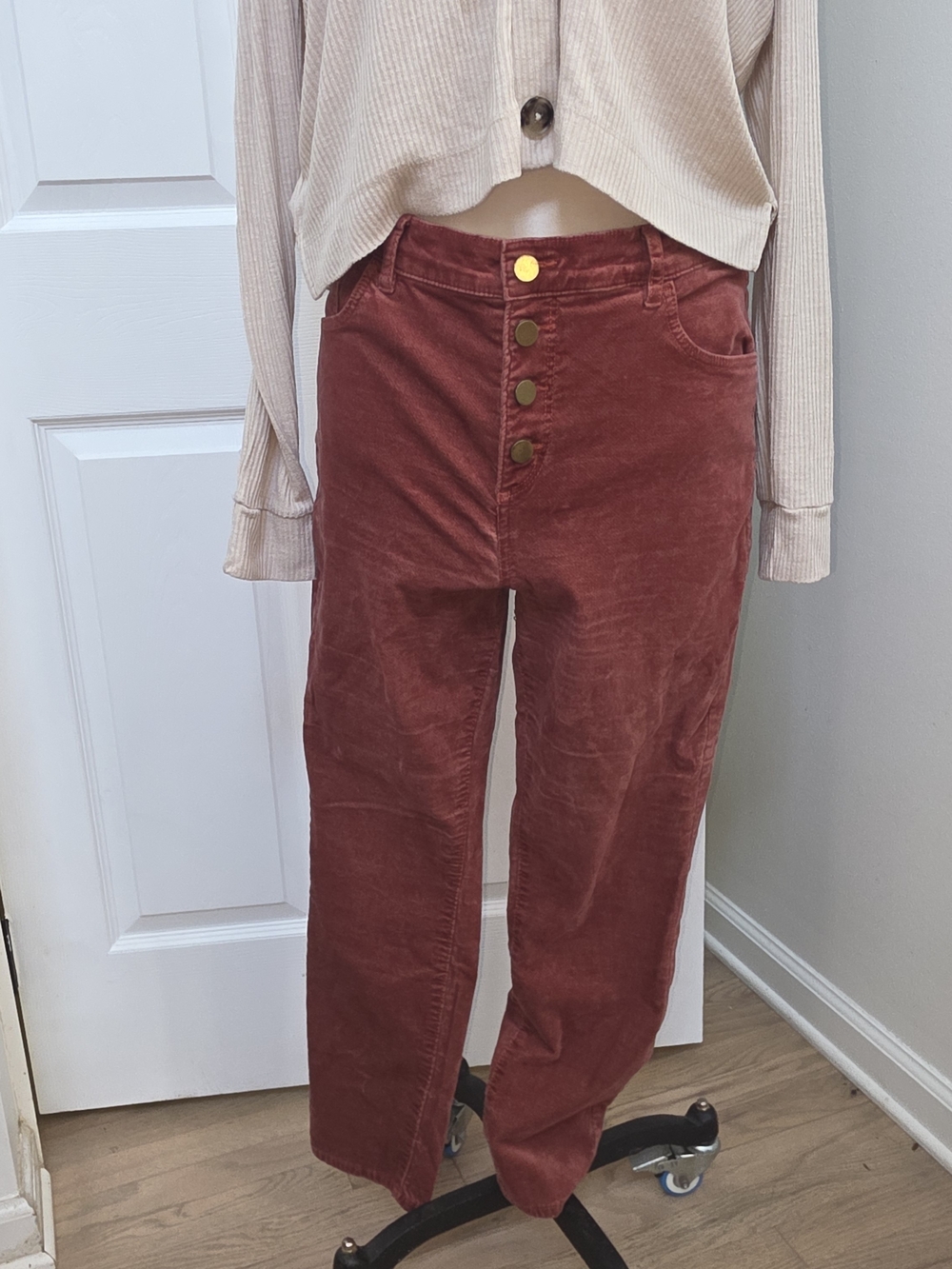 LOFT High-Rise Velvet Button-Fly Jeans in Rust